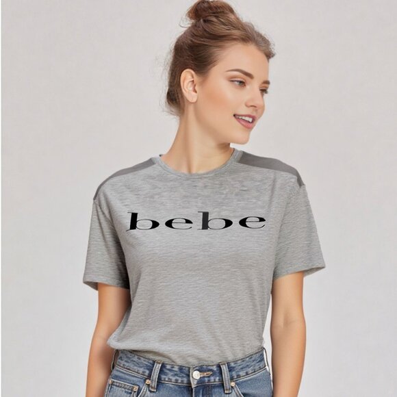 Bebe Sport Logo Boxy T-Shirt Mesh Shoulder Stretch Top Retro Grey Black Casual - Picture 4 of 9